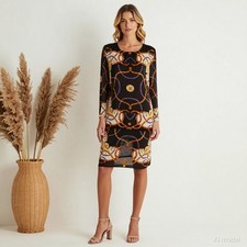 Vintage Retro Knee Length Dress Multi Chain Print Satin Shift Long Sleeve US 6