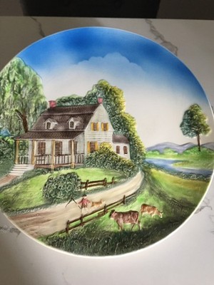 Vintage Majolica Hand Painted Raised Plate from West Germany Farm Scene  13in