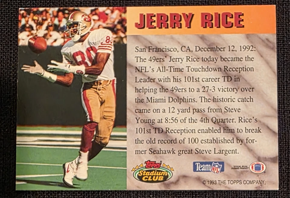 Topps Stadium Club Jerry Rice 1993 solo rompe récords en tarjeta automática patio Foto 2 de 4