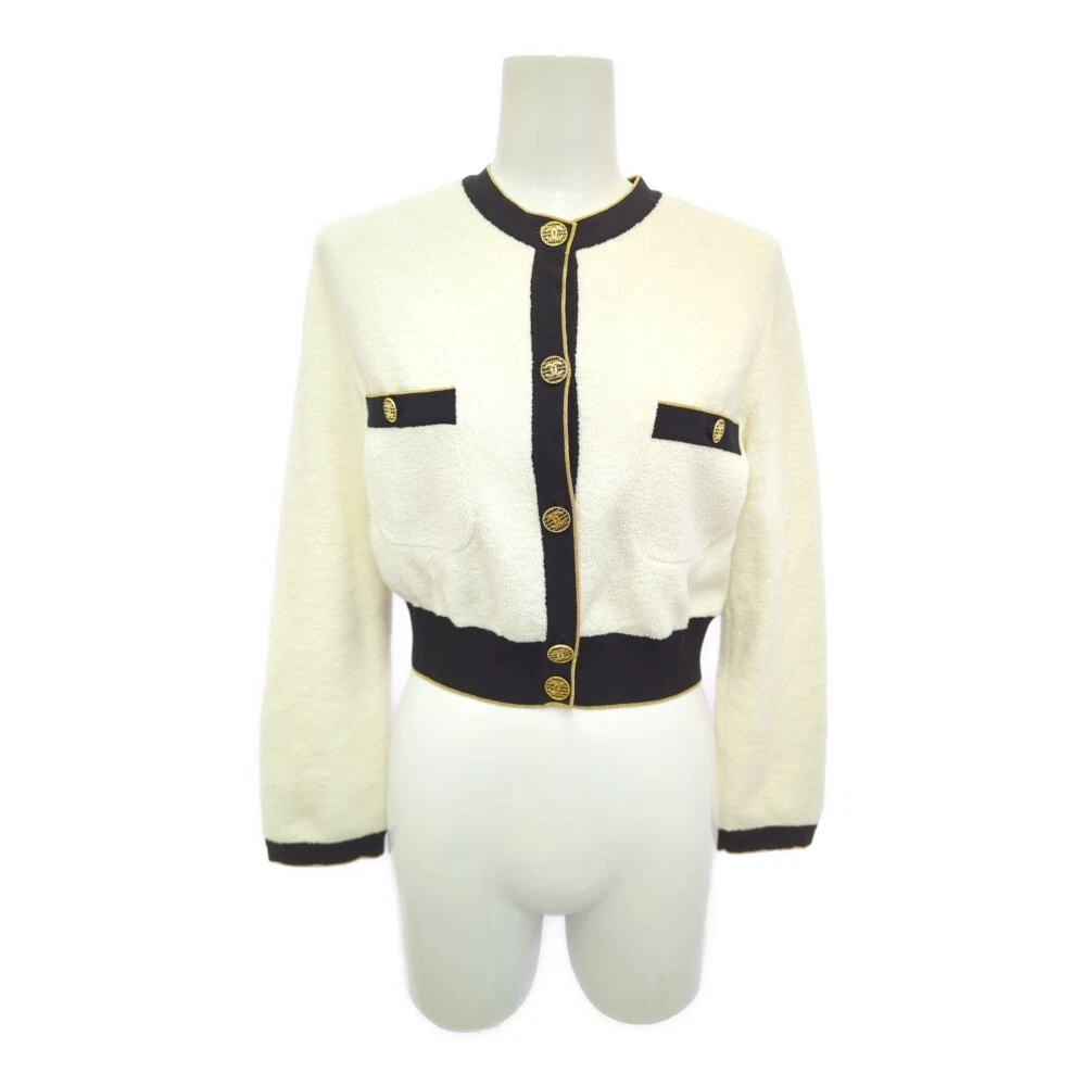 Cardigan giacca CHANEL COCO bottoni cropped senza colletto P60477K46062 36 bianco pile