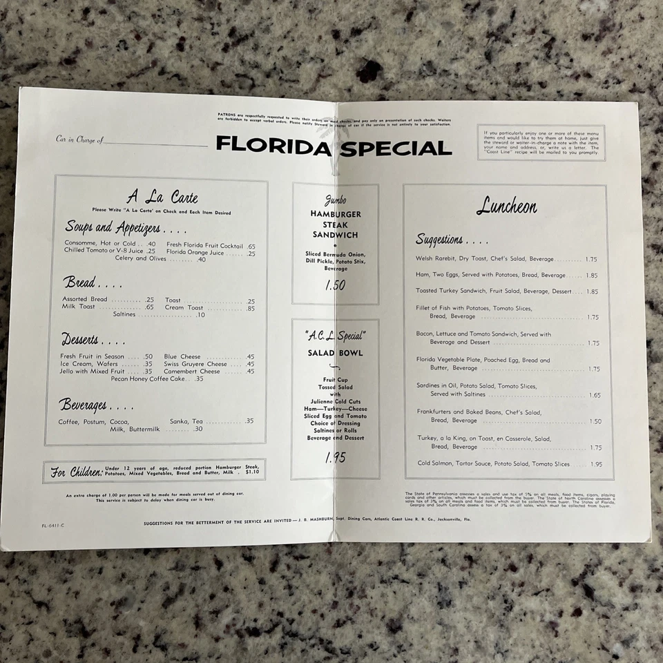 De colección 1964 Atlantic Coast Line RR Menú FLORIDA ESPECIAL Comedor Coche Comedor Tropic Foto 4 de 4