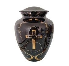 Catholic Metal Urn Human Ashes Adult Cremation Urns in Velvet Bag 10 "