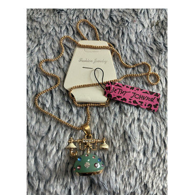 Betsey Johnson Gold Tone Rope Chain Enamel Rhinestone Crystal Charm Necklace