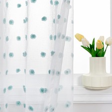 MYSKY HOME 108" Long Pom Pom Sheer Curtains Living Room Aqua White