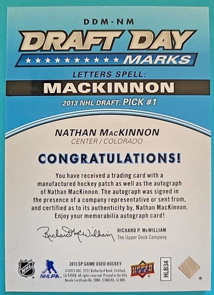 2013-14 Nathan MacKinnon SP Game Used Draft Day Marks DDM-NM Rookie RC Auto /35 - Image 3 of 4