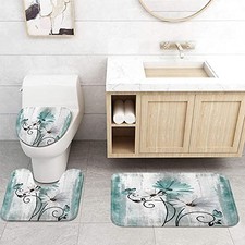 Rustic Farmhouse Bath Mat Set, Farm Daisy Floral Flowers and Butterfly on Teal