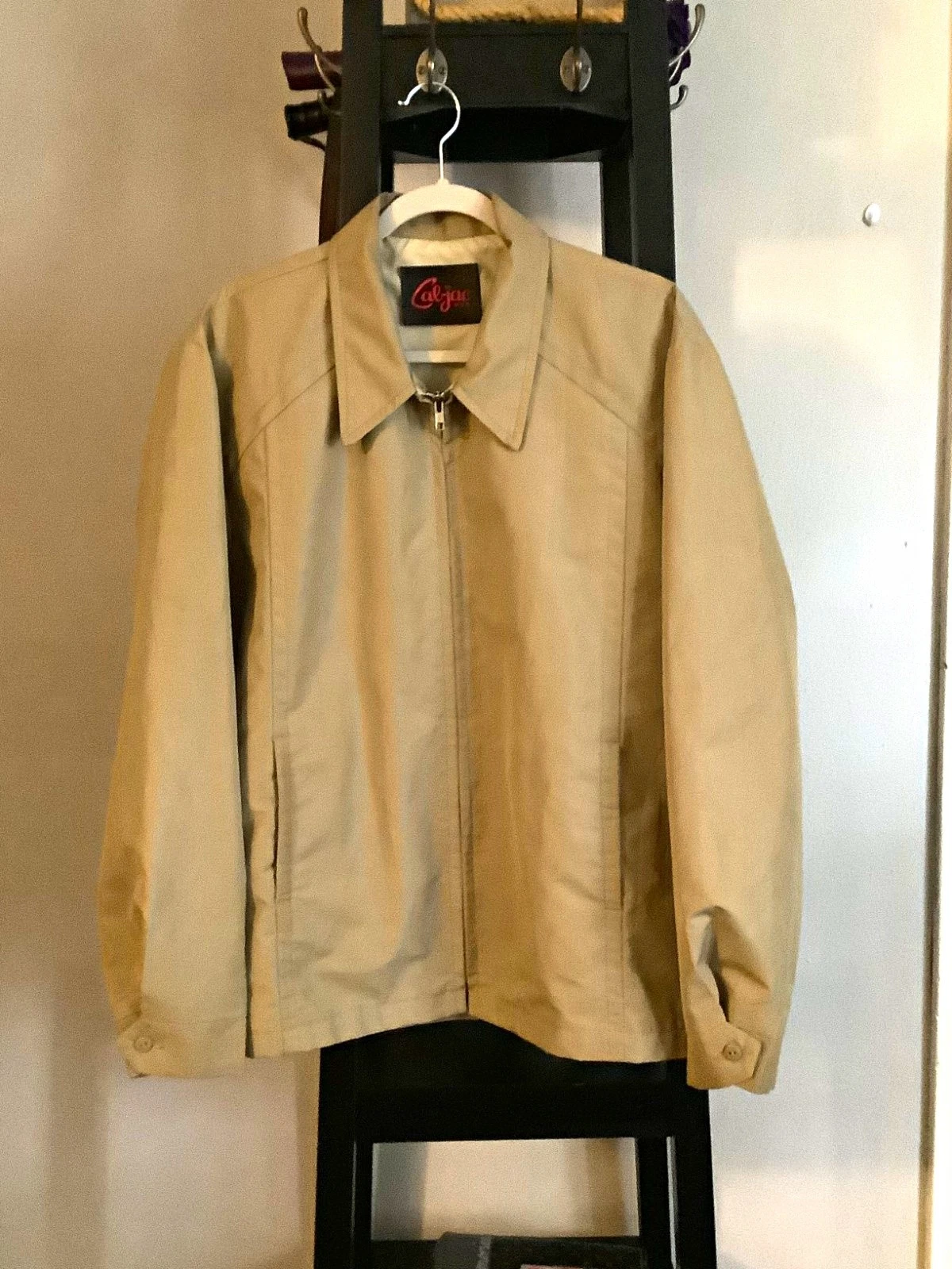 Cal-jac Men’s Regular M Beige Polyester Solid Point Collar Zip/Button Jacket image 1