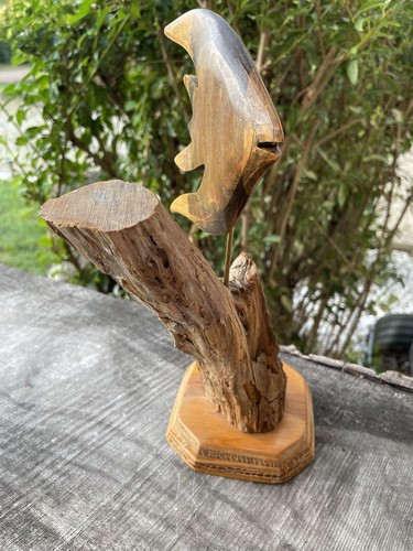 VTG Carved Wood Angelfish On Driftwood Sculpture Figurine Mcm Nautical Ocean - Picture 4 of 12