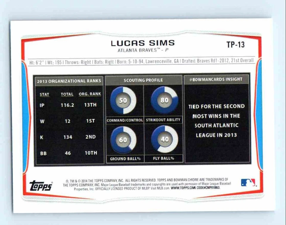 2014 Bowman Draft Picks & Prospects Top Lucas Sims Silver Ice Atlanta Braves - Image 2 of 2