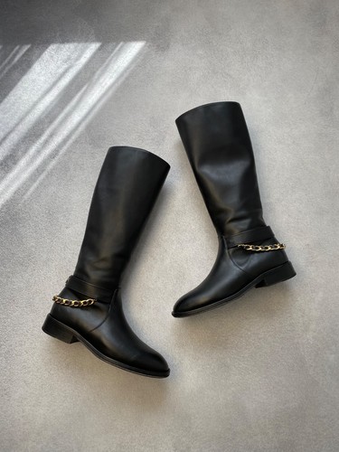 Vintage Chanel Schwarz Leder Reiten Langer Reißverschluss Damen Stiefel Gr41 y2k