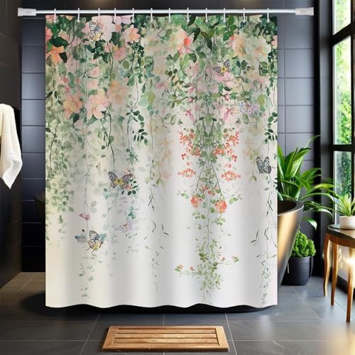 Flowers Shower Curtain Spring Botanical Vine Bathroom Decor Butterfly Bath - Picture 4 of 7