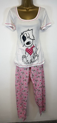 La Senza Pyjamas Pink White Cute Dog Print Short Sleeve Elasticated Pants UK 14