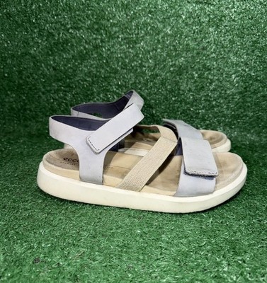 Ecco Womens Size 5.5 Flowt 2 Band Beige Blue Leather Straps Comfort Sandals EU36