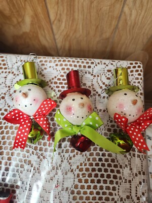 3 Christmas Snowman Ornaments Large Jingle Bell Glitter Top Hat Holly Lot