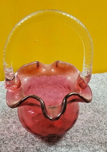 Vintage Fenton Cranberry Art Glass Bride Basket 8" Ruffled Vase Crystal Handle