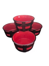 Ramekins Blue Harbor Collection (4) Red Black Plaid Stoneware 3-5/8" x 1-7/8"