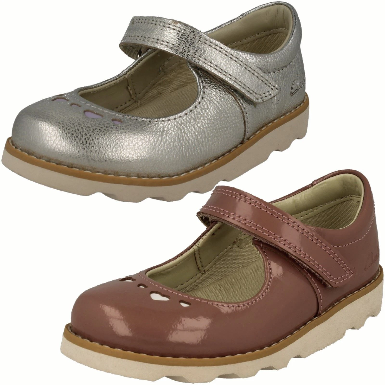 Scarpe a T Bar per ragazze Clarks ""Crown Jane"" rosa polveroso verniciato o in pelle metallica