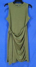 Nwt SUCREFAS Olive Green KNIT Ruched TIE WAIST Sleeveless SHEATH TANK DRESS Sz L