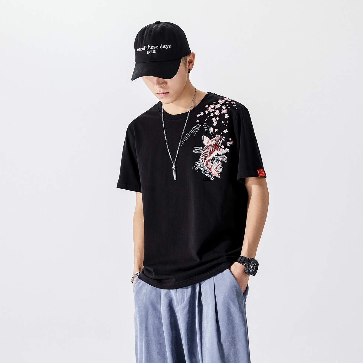 Niepce Japanese Streetwear T-Shirt for Men Fish Embroidery Tee | eBay