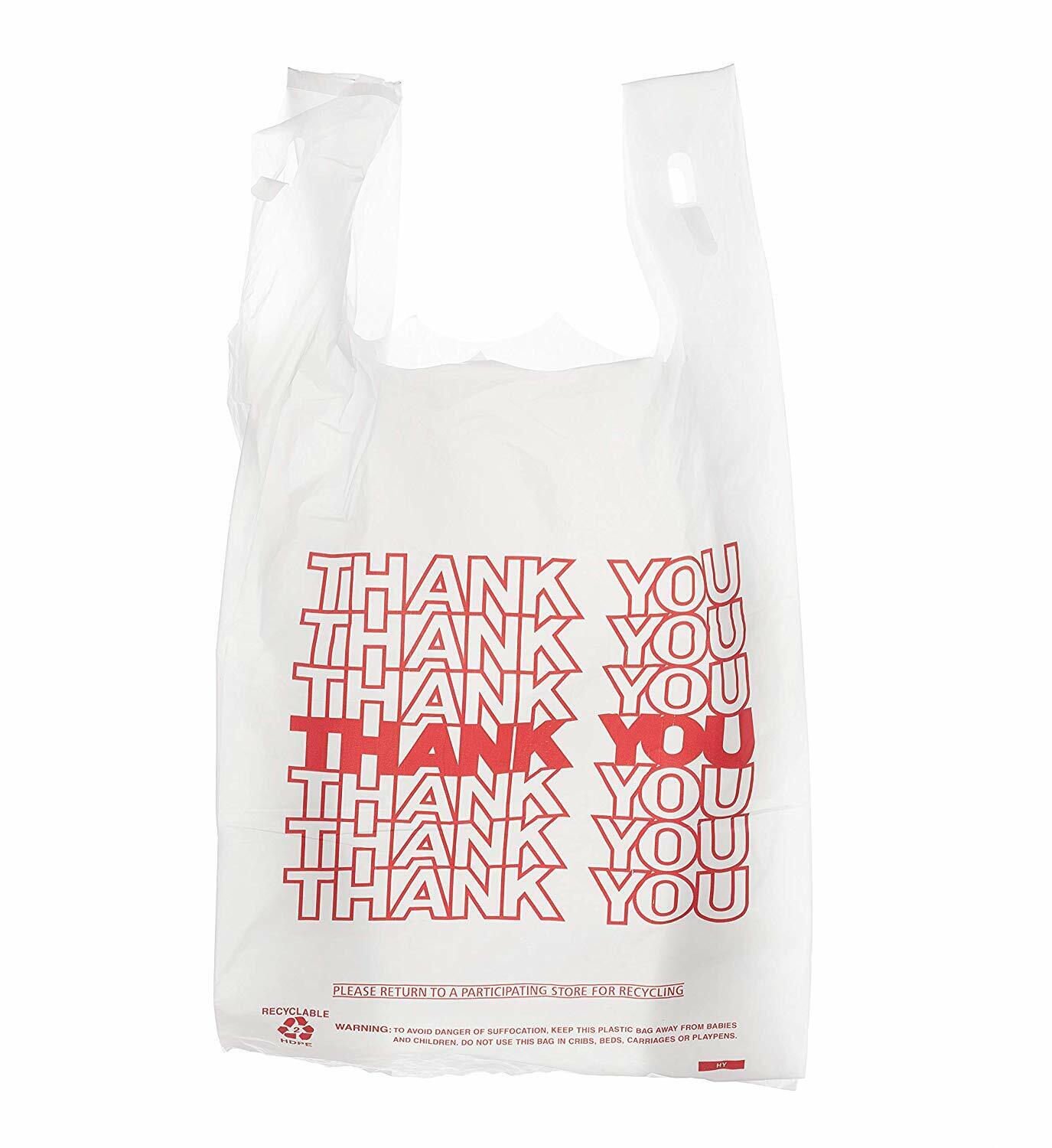 1000 Pack - 1/8 White Thank You Plastic Shopping Bags - T-Shirt Style -  17x10x6