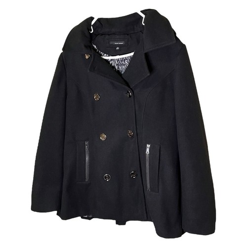 Y2K HARVE BENARD Black & Animal Print Polyester Hooded Double Breasted Peacoat - Picture 4 of 15