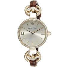 EMPORIO ARMANI GIANNI T-BAR GOLD,SILVER 2 TONE BROWN LEATHER MINI WATCH AR1885