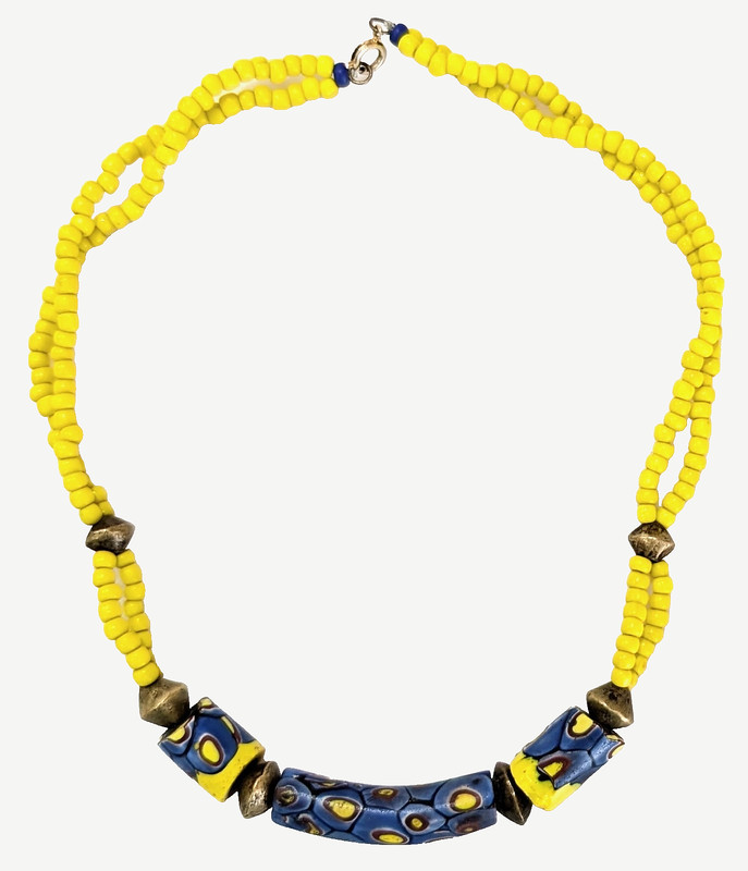 Vtg African Trade Bead Necklace Venetian Millefiori Glass Blue Yellow Beads 16"