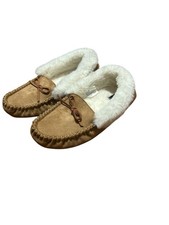 Talbots Faux Fur Lined Moccasin Slippers House Shoes Tan Suede Womens 8M