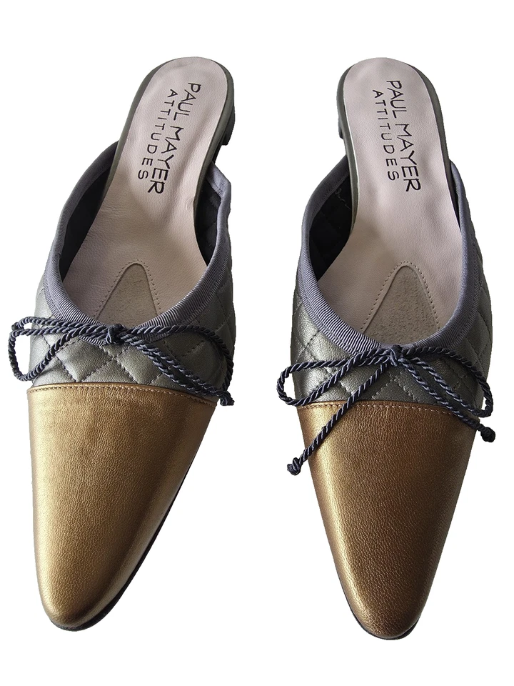 Paul Mayer Attitude Silver/Golvd Quilted Bowtie Mule Loafer Slip On Flat 8.5B - Image 2 of 4