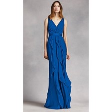 White by Vera Wang Royal Blue Chiffon Ruffle Gown V-Neck Formal Dress Size 16