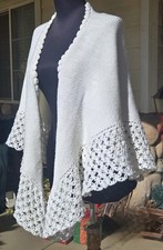 1960s White Open Front Knitted Shawl Wrap With Intricate Crochet Lace Trim