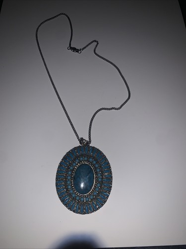 Vintage Necklace w/ Large Faux Turquoise Southwestern Needlepoint Design Pendant - Picture 2 of 5