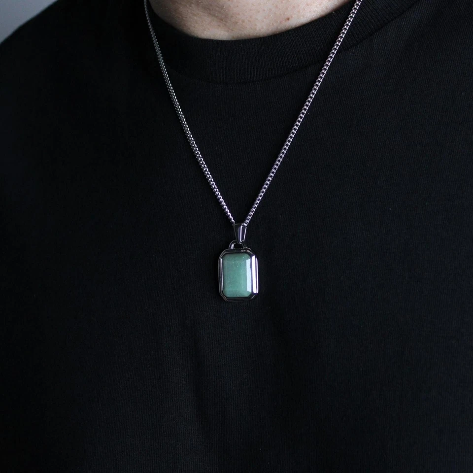 Silver Aventurine Pendant Chain Necklace Stainless Steel Green Gemstone - Image 2 of 4