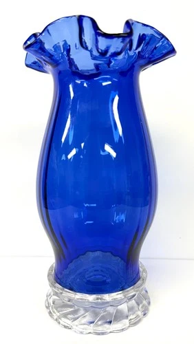 Vintage Fenton Art Glass Cobalt Blue & Clear Hurricane Candle Holder Lamp