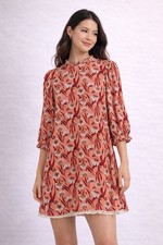 FOREVER 21 Floral A-Line Short Dress Coral White Sz M High Neck Ruffle 3/4Sleeve