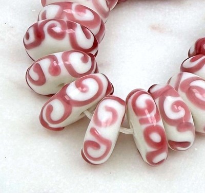 10 Lampwork Handmade Glass Pink Scroll Disc Rondelle Beads 14mm