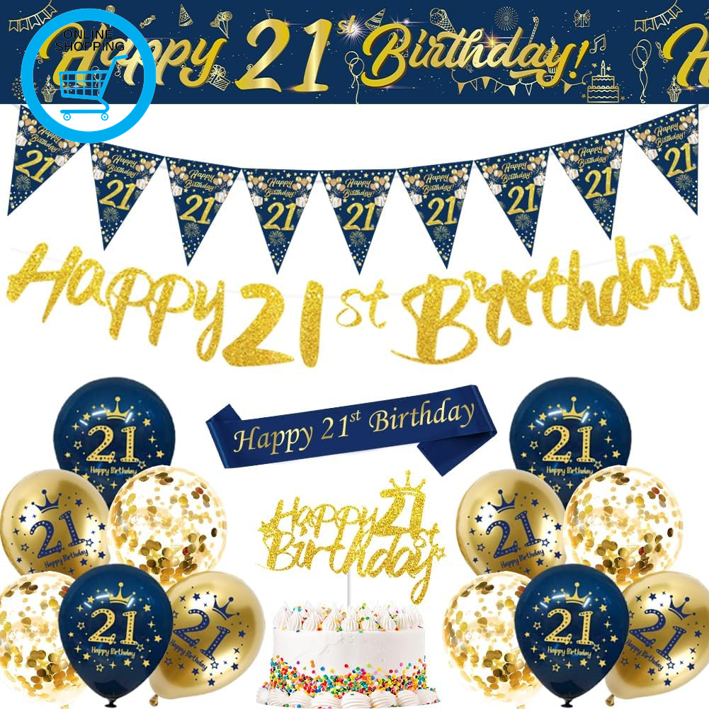 21St Birthday Decorations for Men - Blue and Gold Banner, Balloons, Bunting Flag