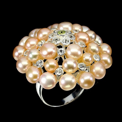 925 Sterling Silver Baroque Creamy Peach Pearl 6x5mm Peridot White Topaz Ring 9 - Picture 3 of 10