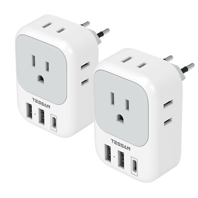 2 Pack European Travel Plug Adapter USB C, TESSAN US to Europe Plug Adapter w...