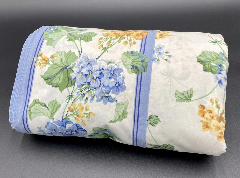 Sábanas planas y ajustadas vintage SPRINGS King de la década de 1990 geranios florales azules amarillos EE. UU. Foto 3 de 4