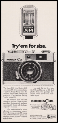Konica C35, X-14 flash small camera print ad 1972 life size