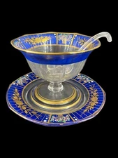 Vtg Blown Glass Hand Painted Gold Enamel Sauce Dish/Bowl Under Plate Spoon Set
