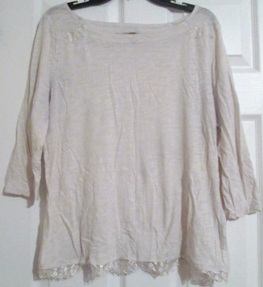 Lucky Brand Ivory Natural 3/4 Sleeved Fringe Lace Detailed Top Sz XL #357