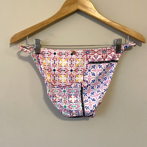 Nanette Lepore Pink Patchwork Bikini Bottoms Sz 8 M Boho Side Knot High Leg New - Picture 2 of 11