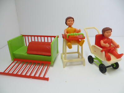 Bruder 1997 Toy Crib, Stroller, Highchair and 2 Children