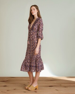 knee length dresses for ladies Nilsen Belted Midi Dress in Black & Blue Floral