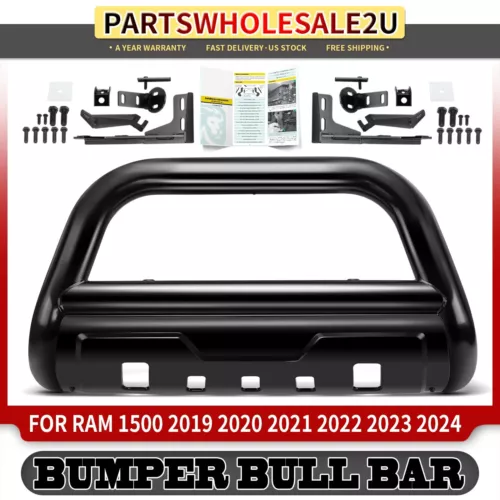 3.5" Black Oval Bull Bar Bumper Grille Guard with Skid Plate for Ram 1500 19-24