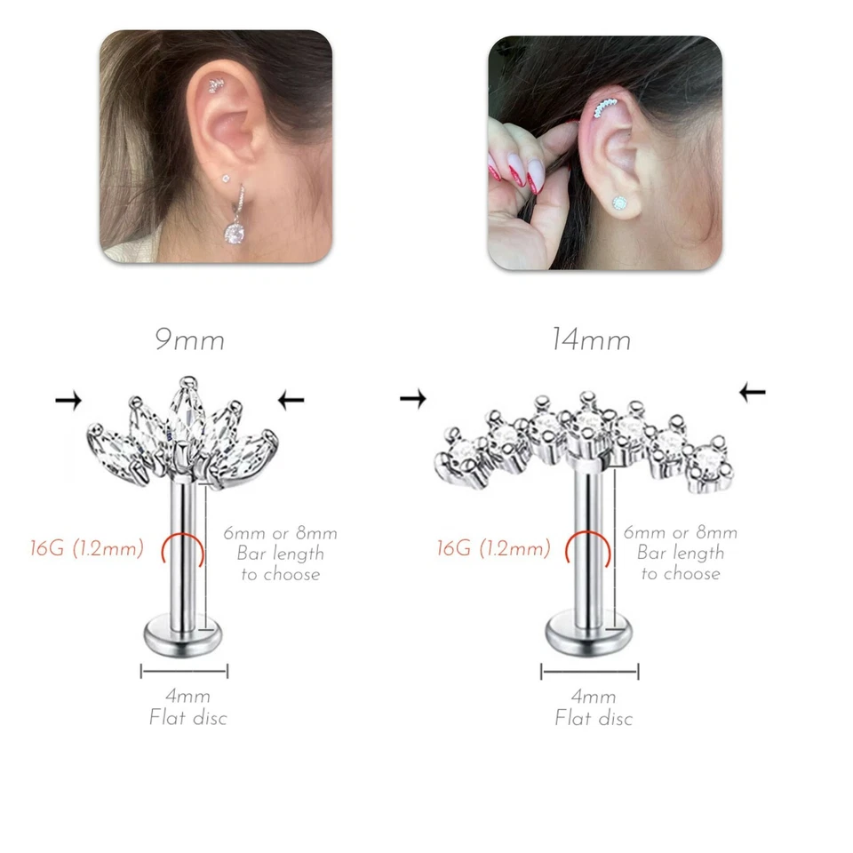 Labret Piercing Ear Ring Surgical Steel Stud Crystal Gem Flat Back Tragus Helix — 第 4/4 张图片