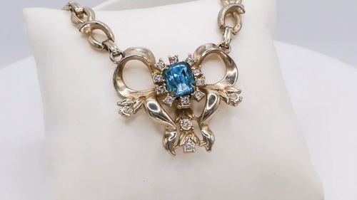1940's Blue Rhinestone Bow 15" Station Necklace Women's Vintage Potmetal - Video 1 of 1