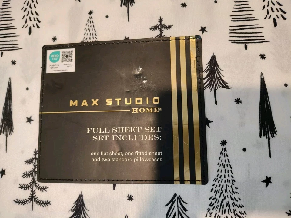 Max Studio Home Full Sheet Set Microfiber White W/Black Christmas Trees & Stars - Image 2 of 4